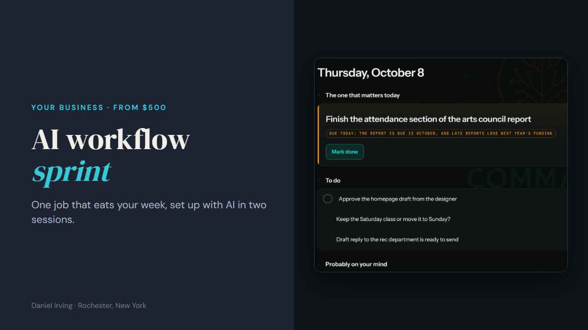AI workflow sprint, beside a screenshot of the AI planning app Daniel Irving built, showing one day's priorities (sample data)