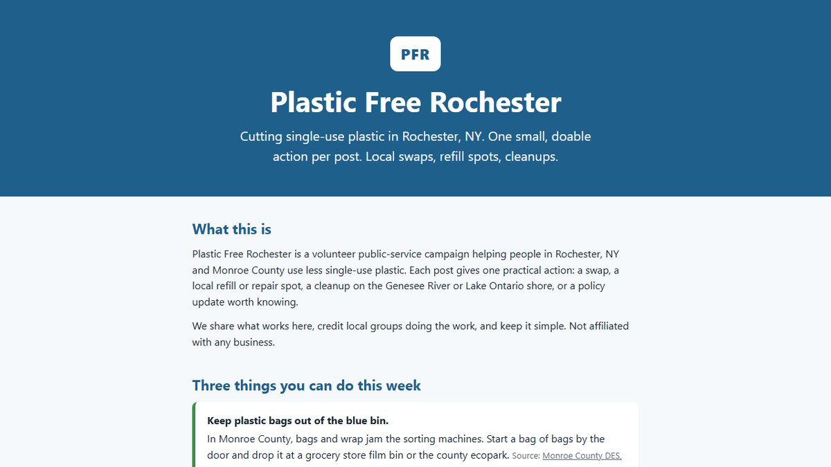 The Plastic Free Rochester website, a one-page site built by Daniel Irving