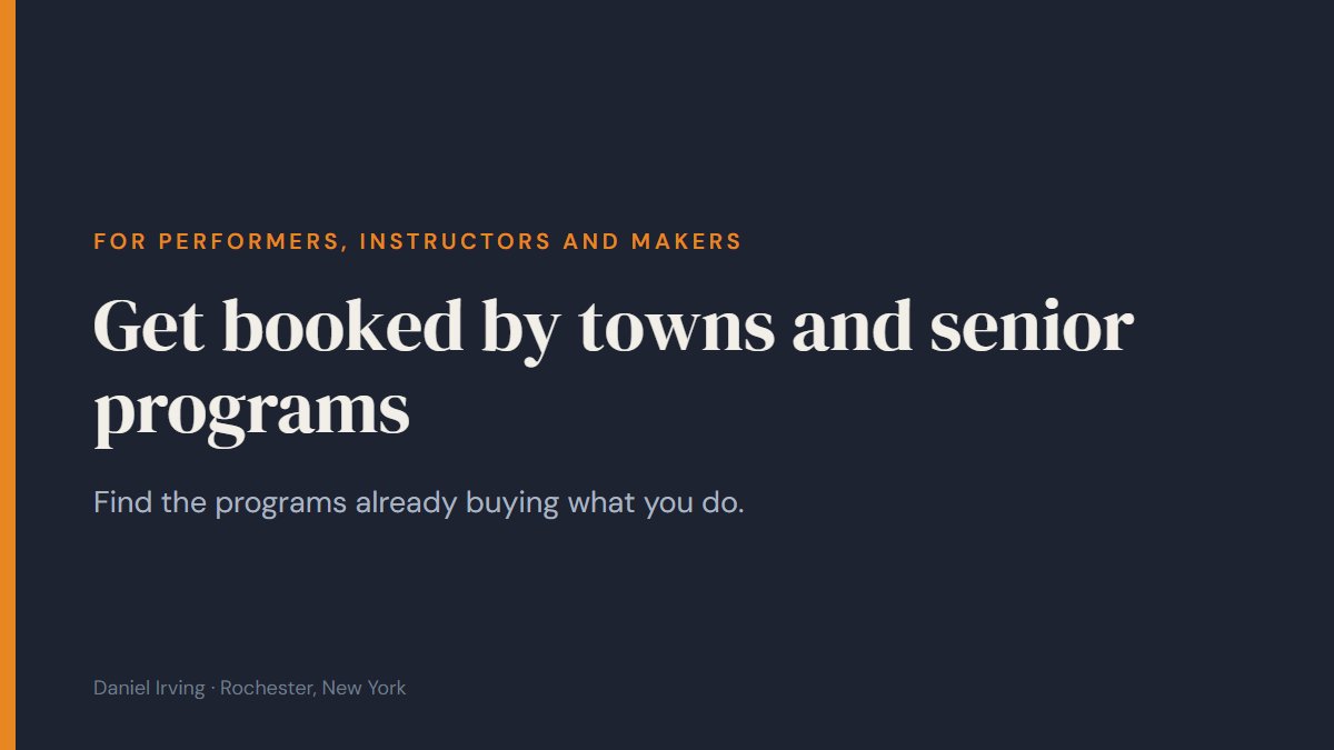 Cover: Get booked by towns and senior programs